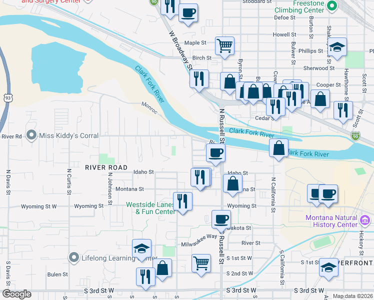 map of restaurants, bars, coffee shops, grocery stores, and more near Mobile City Trailer Park Rd in Missoula