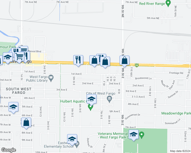 map of restaurants, bars, coffee shops, grocery stores, and more near 619 1st Avenue East in West Fargo