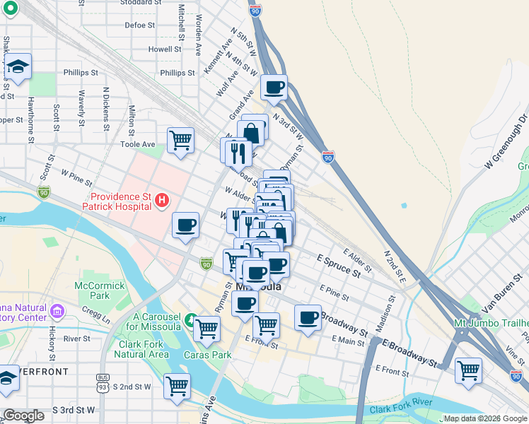 map of restaurants, bars, coffee shops, grocery stores, and more near 131 West Alder Street in Missoula