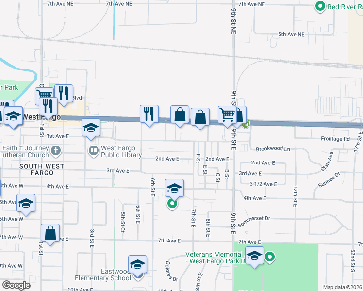map of restaurants, bars, coffee shops, grocery stores, and more near 619 1st Avenue East in West Fargo