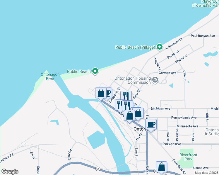 map of restaurants, bars, coffee shops, grocery stores, and more near 798 Trap St in Ontonagon