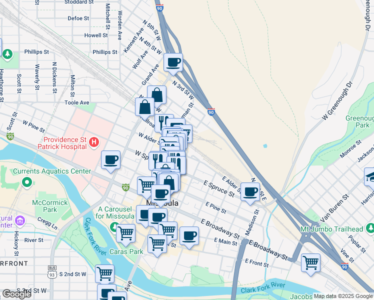 map of restaurants, bars, coffee shops, grocery stores, and more near 531 North Higgins Avenue in Missoula