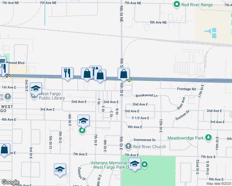 map of restaurants, bars, coffee shops, grocery stores, and more near 825 1st Avenue East in West Fargo
