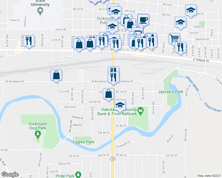 map of restaurants, bars, coffee shops, grocery stores, and more near 46 South Main Avenue in Dickinson