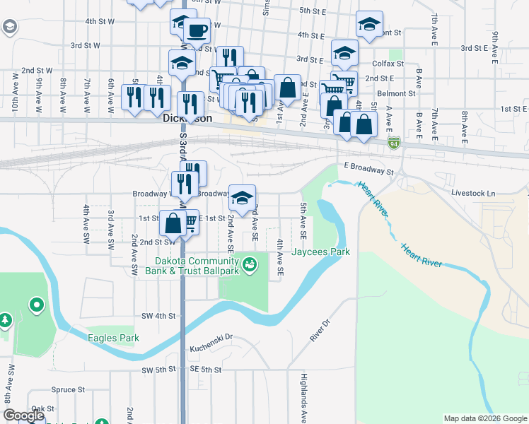 map of restaurants, bars, coffee shops, grocery stores, and more near 300-398 Southeast 1st Street in Dickinson