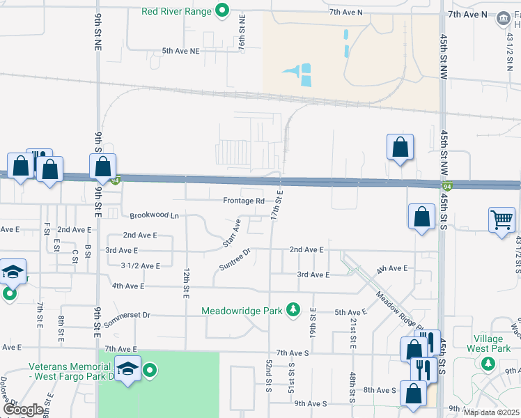 map of restaurants, bars, coffee shops, grocery stores, and more near 56 17th Street East in West Fargo