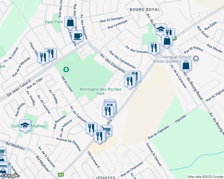 map of restaurants, bars, coffee shops, grocery stores, and more near 1290 Rue de l'Aigue Marine in Ville de Québec