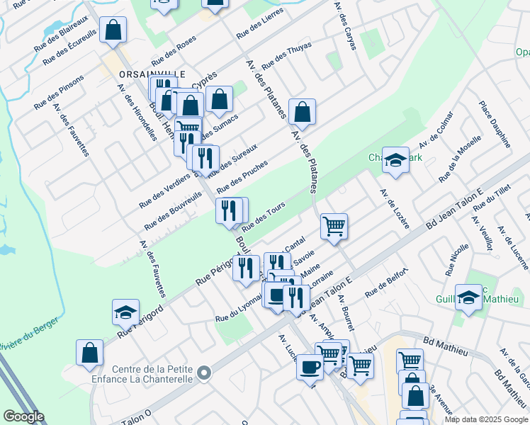 map of restaurants, bars, coffee shops, grocery stores, and more near 2247 Rue des Tours in Ville de Québec