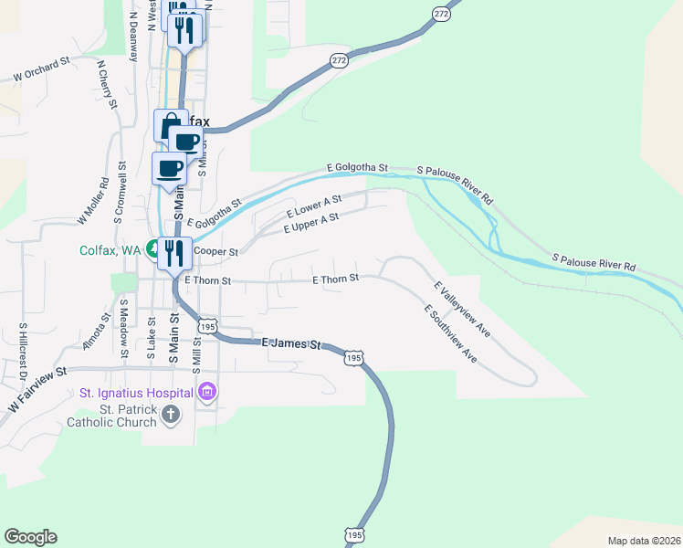 map of restaurants, bars, coffee shops, grocery stores, and more near 514-556 East Southview Avenue in Colfax