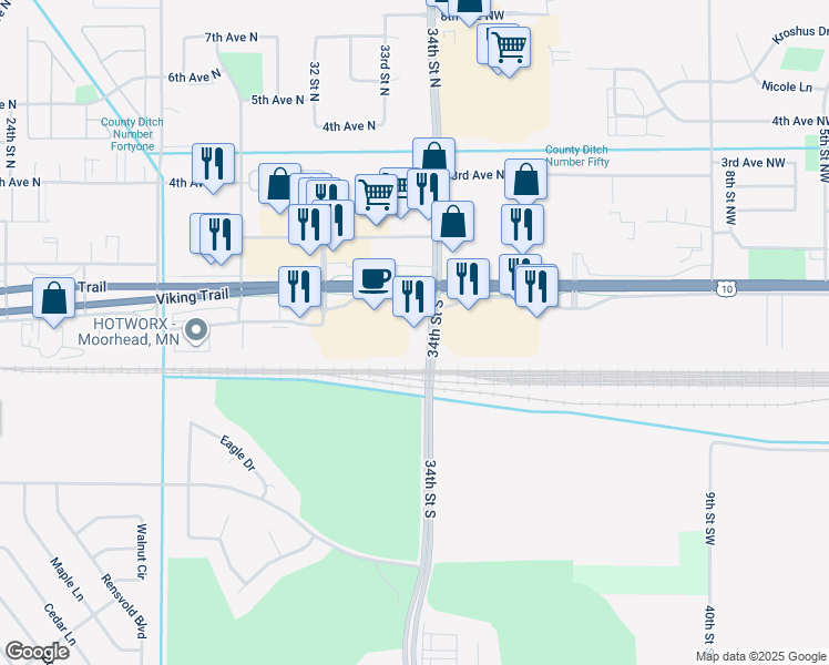 map of restaurants, bars, coffee shops, grocery stores, and more near 201 34th Street South in Moorhead