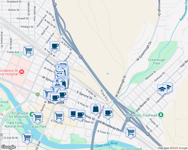 map of restaurants, bars, coffee shops, grocery stores, and more near Interstate 90 in Missoula