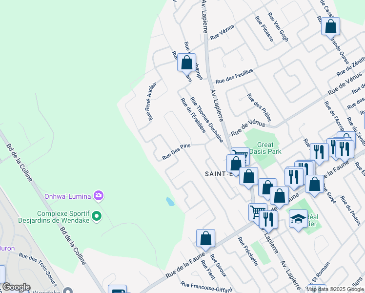 map of restaurants, bars, coffee shops, grocery stores, and more near Rue des Pins Gris in Ville de Québec