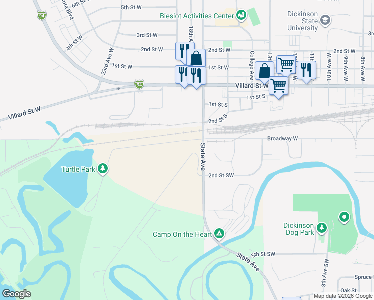 map of restaurants, bars, coffee shops, grocery stores, and more near 1801-2395 West Broadway Street in Dickinson