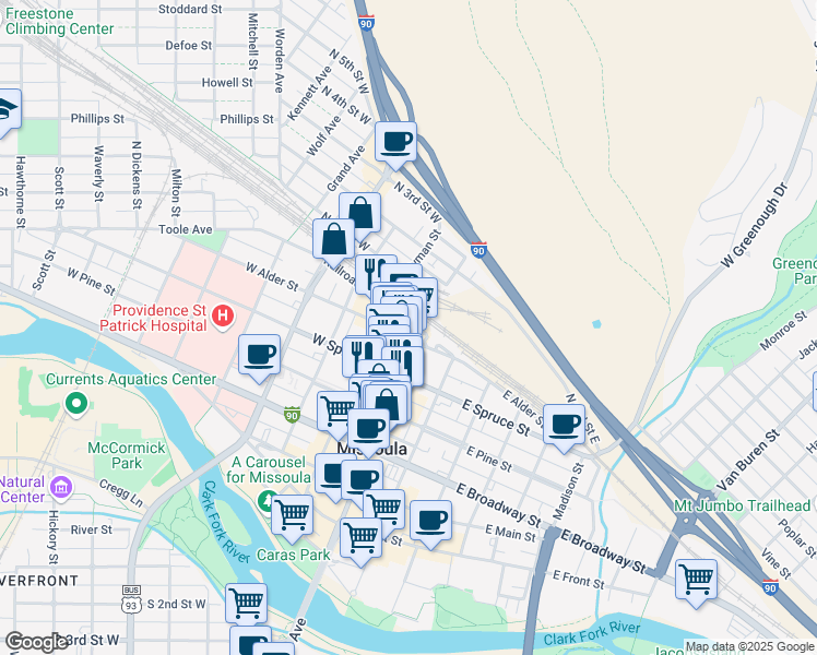 map of restaurants, bars, coffee shops, grocery stores, and more near 531 North Higgins Avenue in Missoula