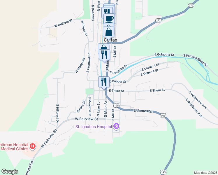 map of restaurants, bars, coffee shops, grocery stores, and more near 108 East Thorn Street in Colfax