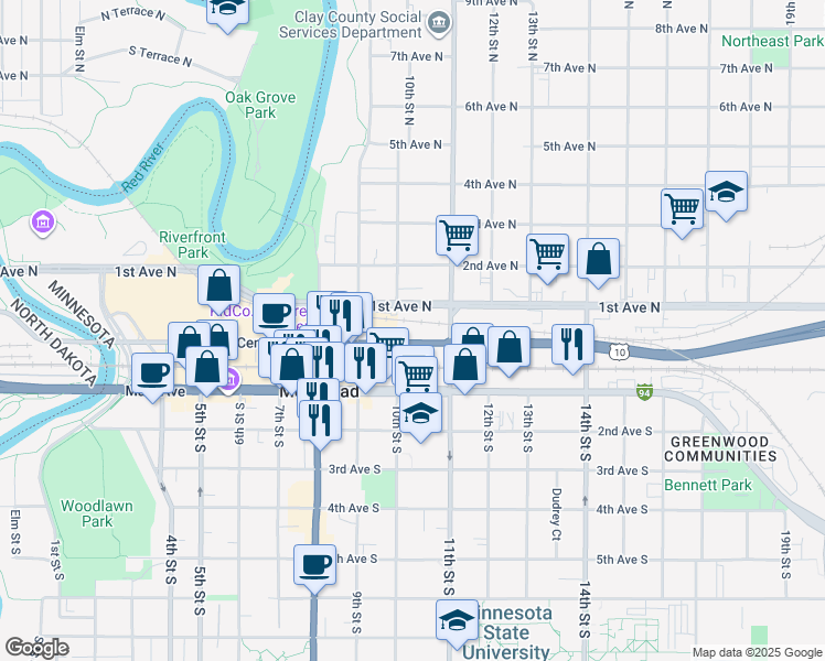map of restaurants, bars, coffee shops, grocery stores, and more near 324 67th Avenue North in Moorhead