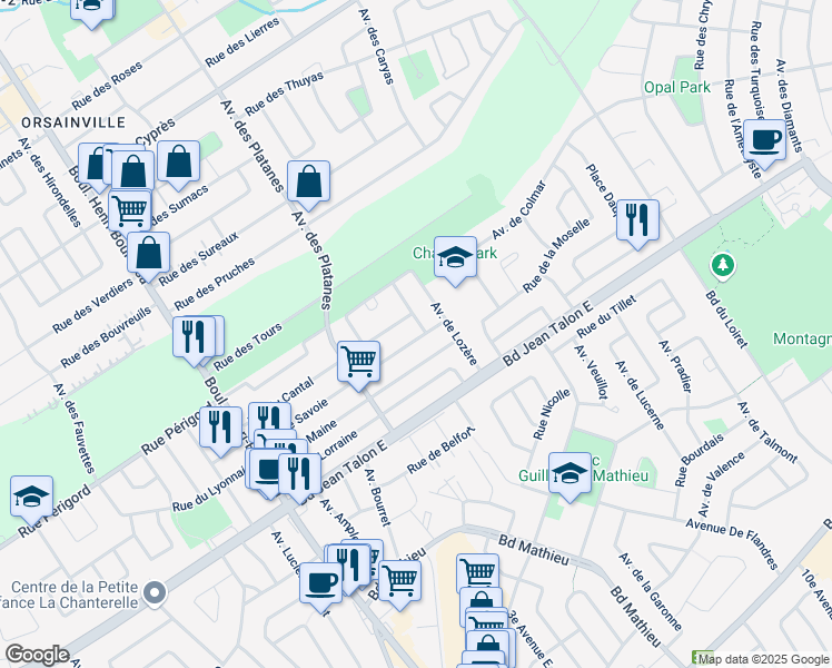 map of restaurants, bars, coffee shops, grocery stores, and more near 1473 Rue de Savoie in Ville de Québec