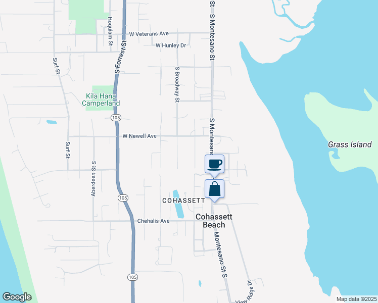 map of restaurants, bars, coffee shops, grocery stores, and more near 1316 Ocosta Street South in Westport