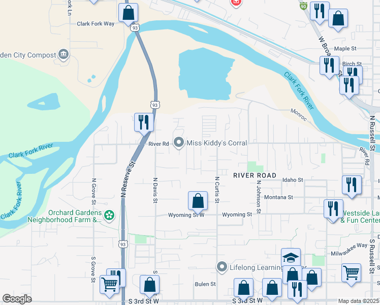 map of restaurants, bars, coffee shops, grocery stores, and more near 2307 River Road in Missoula