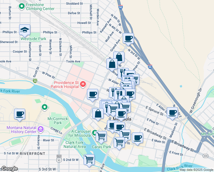 map of restaurants, bars, coffee shops, grocery stores, and more near 335 West Spruce Street in Missoula