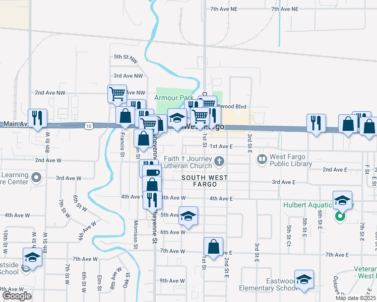 map of restaurants, bars, coffee shops, grocery stores, and more near 119 Sukuts Street in West Fargo