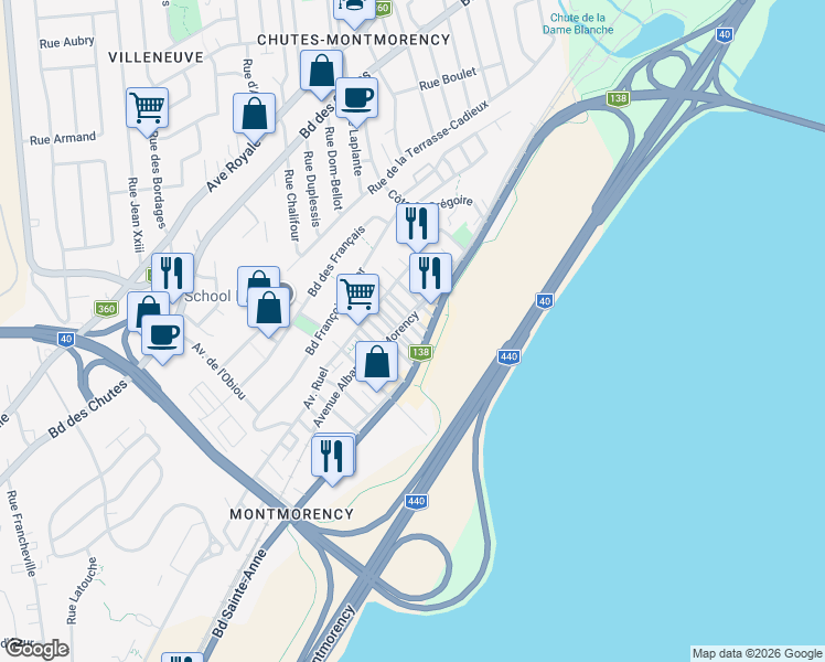 map of restaurants, bars, coffee shops, grocery stores, and more near 260 107e Rue in Québec