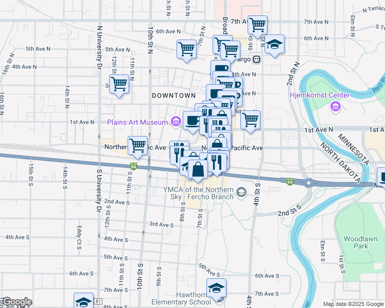 map of restaurants, bars, coffee shops, grocery stores, and more near 650 Northern Pacific Avenue in Fargo
