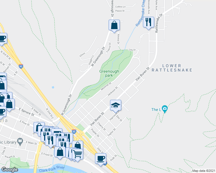 map of restaurants, bars, coffee shops, grocery stores, and more near 1140 Monroe St in Missoula