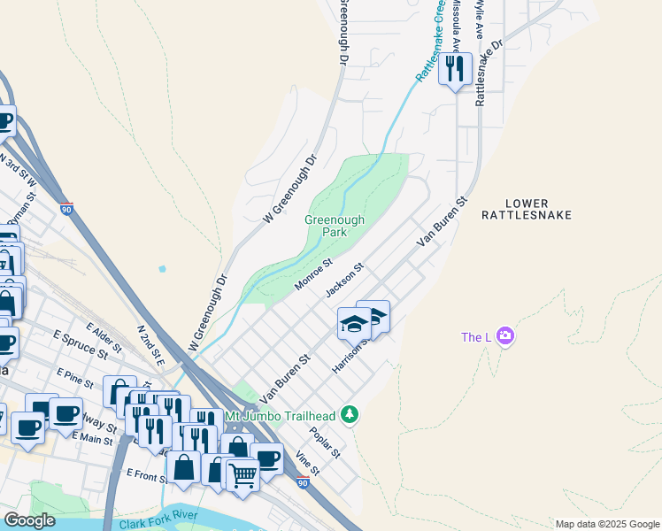 map of restaurants, bars, coffee shops, grocery stores, and more near 1140 Monroe St in Missoula
