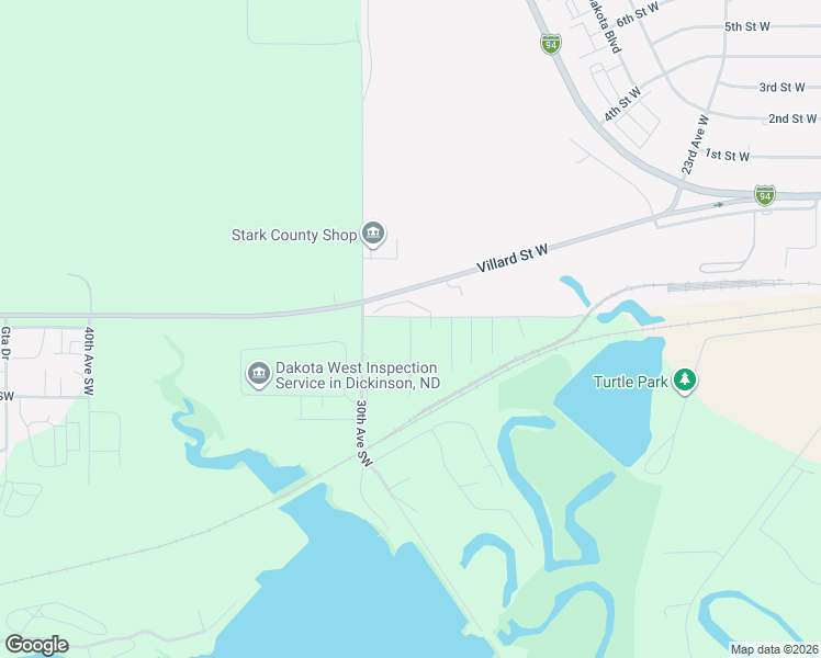 map of restaurants, bars, coffee shops, grocery stores, and more near 18 29th Avenue Southwest in Dickinson