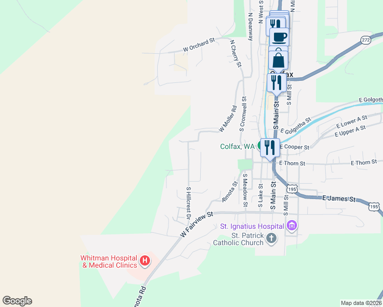 map of restaurants, bars, coffee shops, grocery stores, and more near 701 South Hillcrest Drive in Colfax