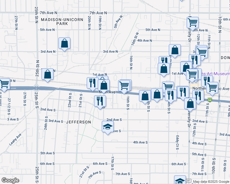 map of restaurants, bars, coffee shops, grocery stores, and more near Main Avenue in Fargo