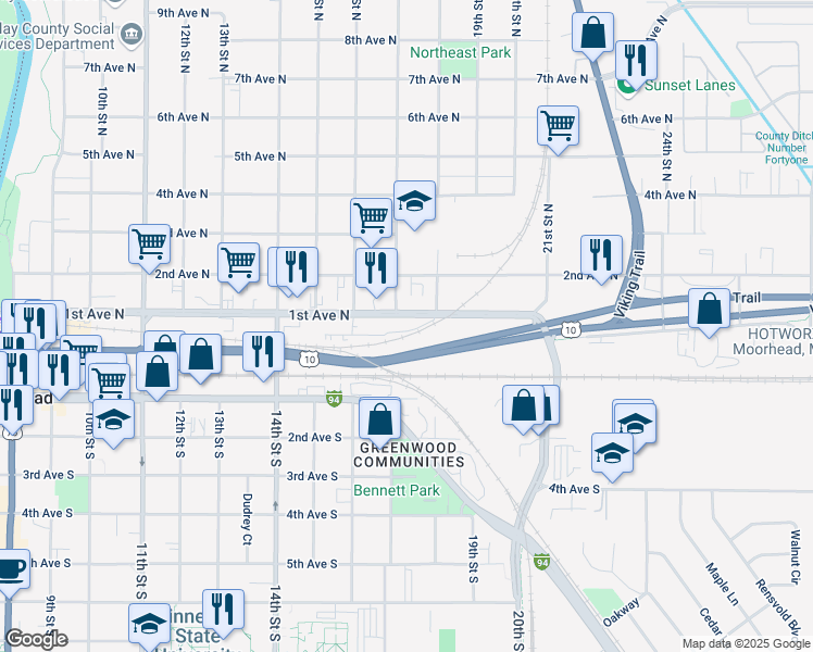 map of restaurants, bars, coffee shops, grocery stores, and more near 1619 1st Avenue North in Moorhead