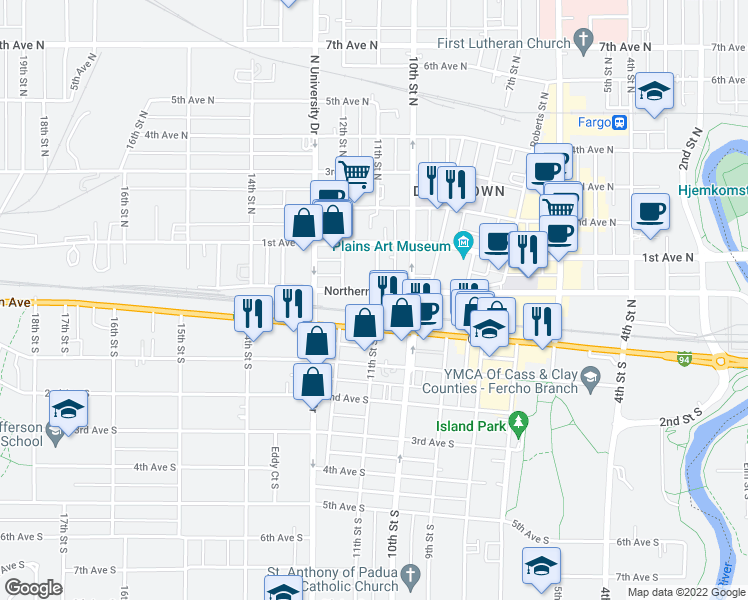 map of restaurants, bars, coffee shops, grocery stores, and more near 1015 Main Avenue in Fargo