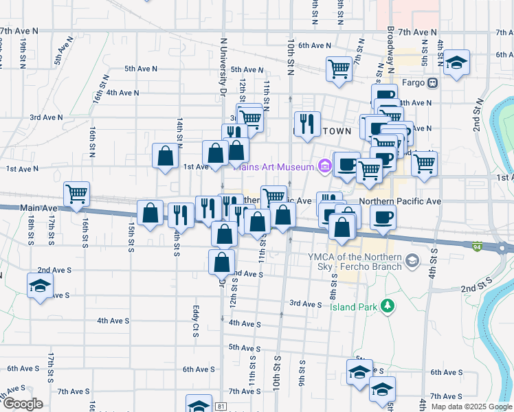 map of restaurants, bars, coffee shops, grocery stores, and more near 1118 Main Avenue in Fargo