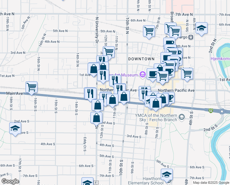 map of restaurants, bars, coffee shops, grocery stores, and more near 1015 Main Avenue in Fargo