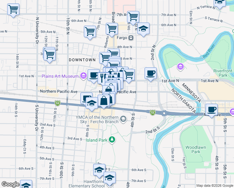 map of restaurants, bars, coffee shops, grocery stores, and more near 13 North Broadway Drive in Fargo