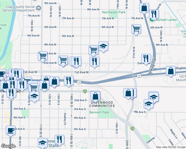 map of restaurants, bars, coffee shops, grocery stores, and more near 1619 1st Avenue North in Moorhead