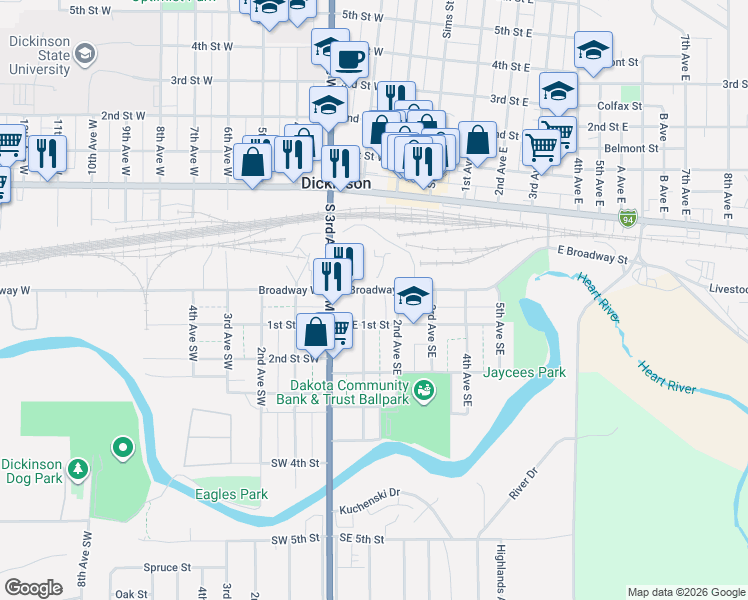 map of restaurants, bars, coffee shops, grocery stores, and more near 118 Southeast 1st Street in Dickinson