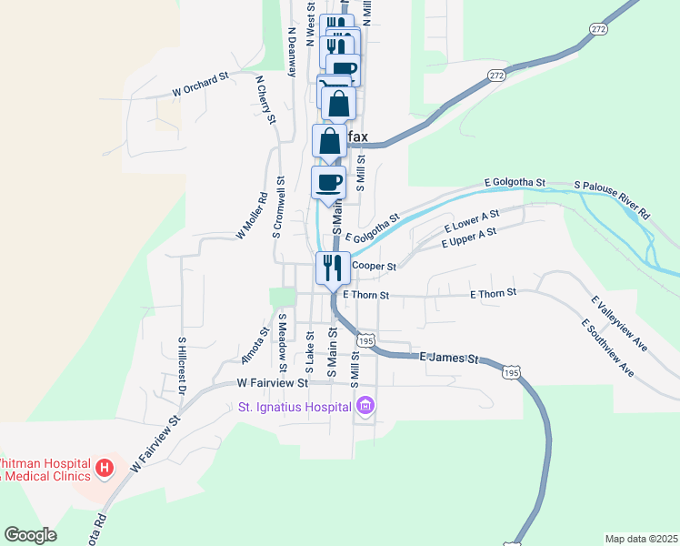 map of restaurants, bars, coffee shops, grocery stores, and more near 603 South Main Street in Colfax