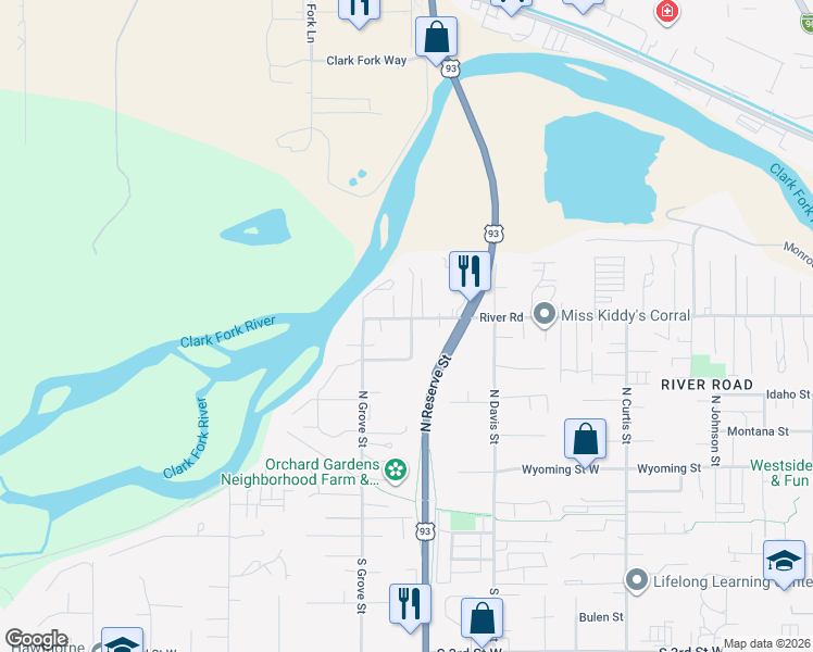 map of restaurants, bars, coffee shops, grocery stores, and more near 627 Krysty Drive in Missoula