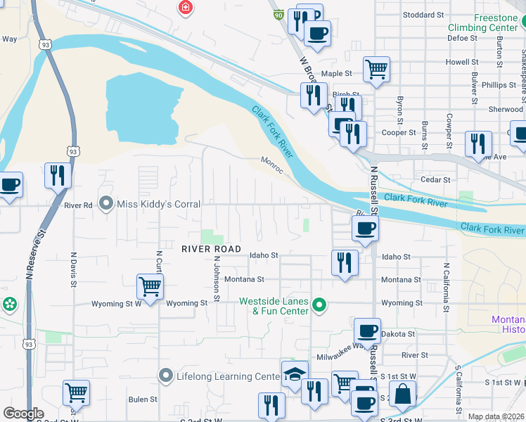 map of restaurants, bars, coffee shops, grocery stores, and more near 1825 River Road in Missoula