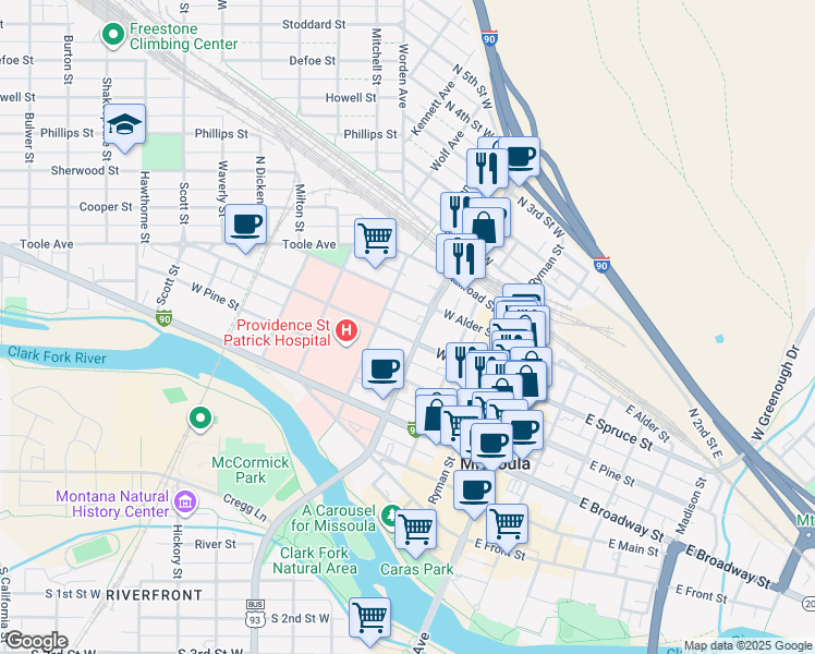 map of restaurants, bars, coffee shops, grocery stores, and more near 411 West Alder Street in Missoula