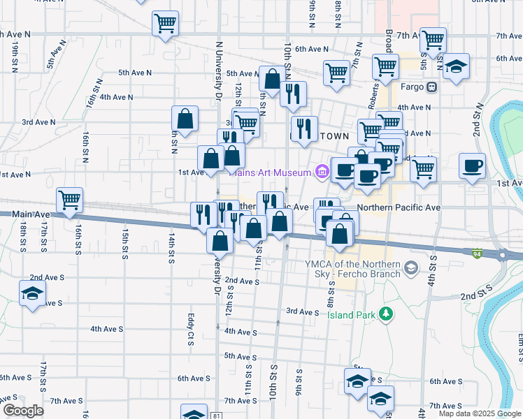 map of restaurants, bars, coffee shops, grocery stores, and more near 11 11th Street North in Fargo