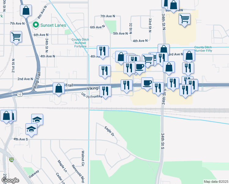 map of restaurants, bars, coffee shops, grocery stores, and more near 3007 U.S. 10 in Moorhead