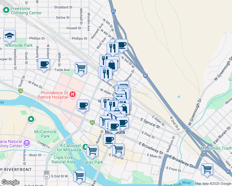 map of restaurants, bars, coffee shops, grocery stores, and more near 200-298 Railroad St W in Missoula