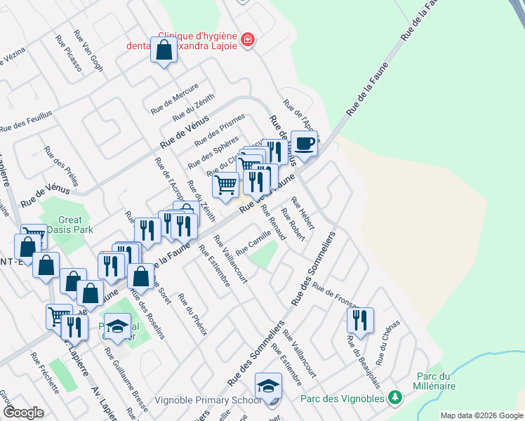 map of restaurants, bars, coffee shops, grocery stores, and more near 1690 Rue de Sauternes in Québec