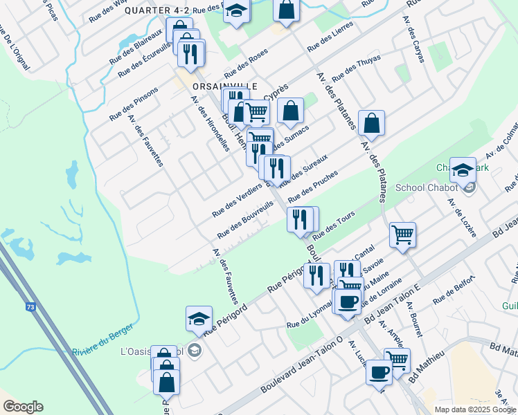 map of restaurants, bars, coffee shops, grocery stores, and more near 2131 Rue des Bouvreuils in Ville de Québec