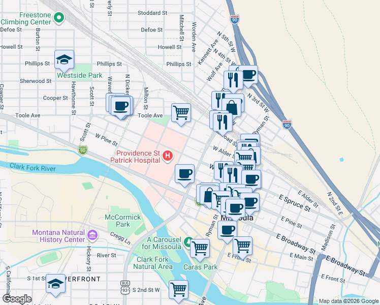 map of restaurants, bars, coffee shops, grocery stores, and more near 501 West Alder Street in Missoula