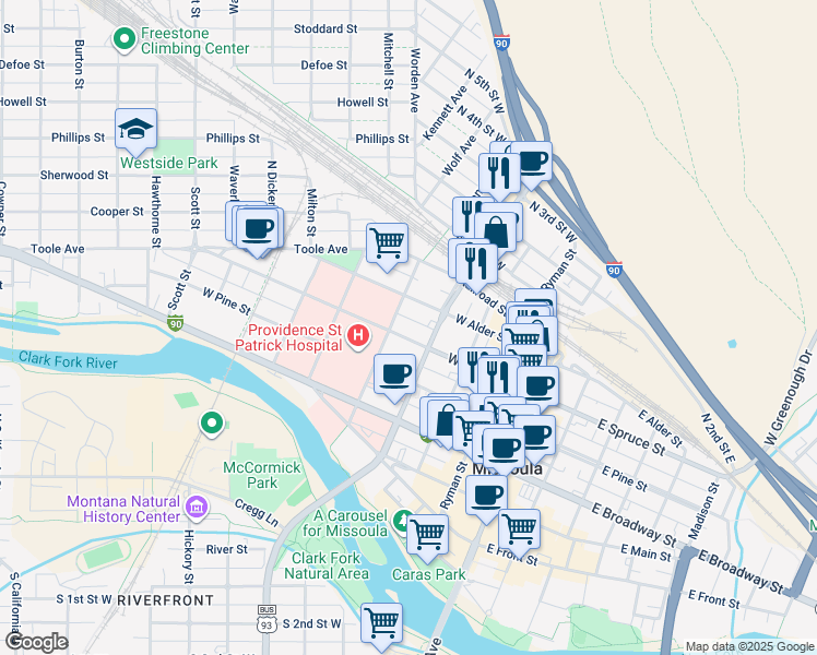 map of restaurants, bars, coffee shops, grocery stores, and more near 432 West Spruce Street in Missoula